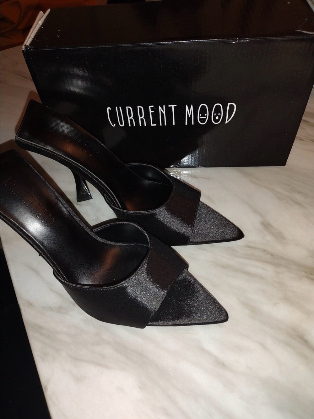 Current Mood Black Satin Pointed Mule Heels